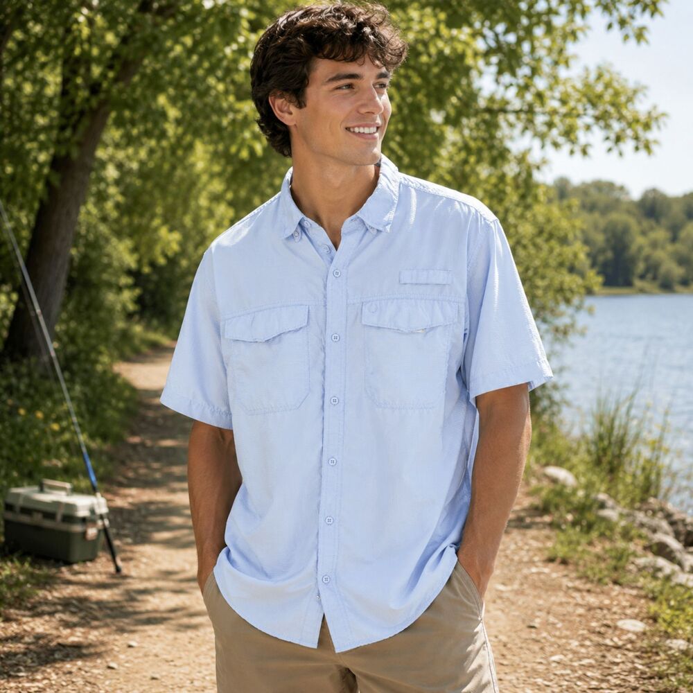 The American Outdoorsman Mens Size Large Blue UPF 40 Fishing Shirt Vented